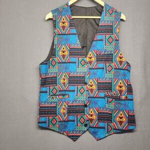 Vintage Handmade Aztec Southwestern Vest Large Blue Multicolor Button Front